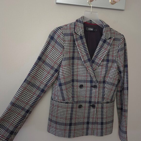 NWOT Simons Icone double breast blue, white, red black plaid houndstooth blazer - Picture 6 of 6